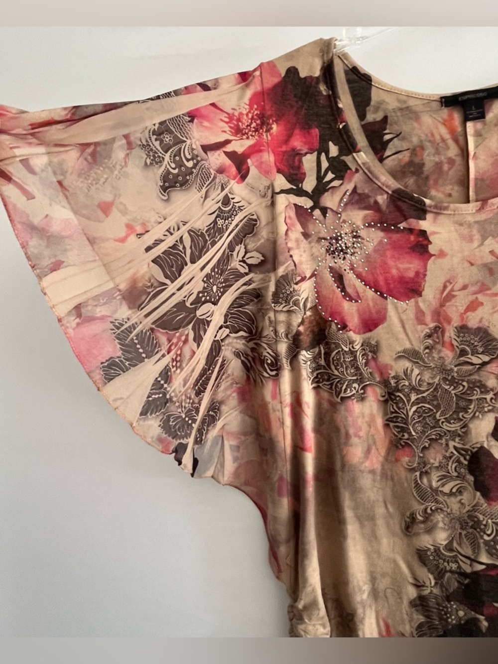 Espresso Floral Flutter Sleeve Studded Whimsical Boho Top L - Picture 5 of 10